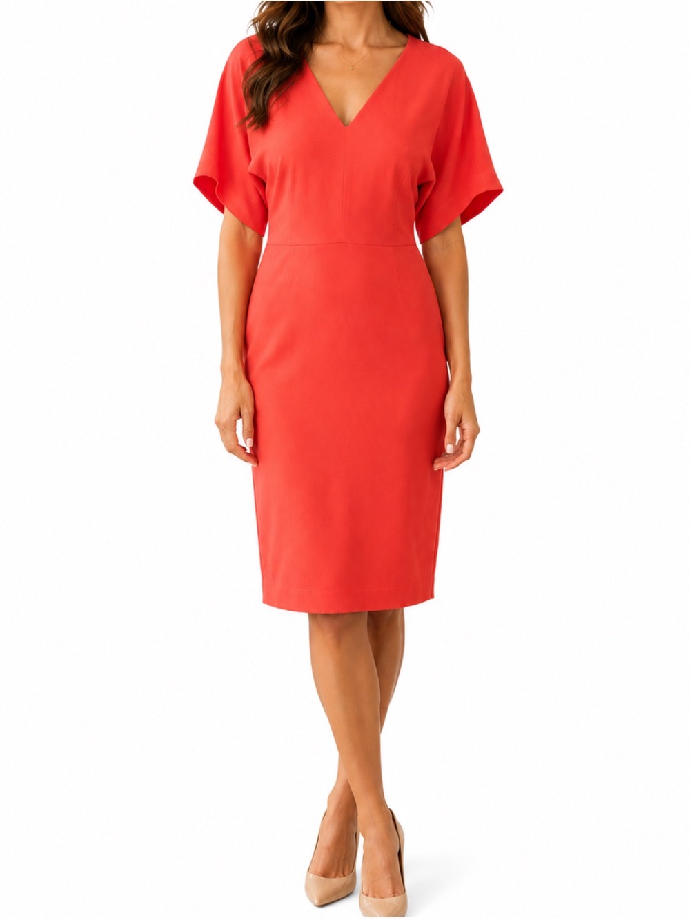 Lewit V-Neck Crepe Sheath Dress Size 8 Coral Red Dolman Sleeve Lined Career